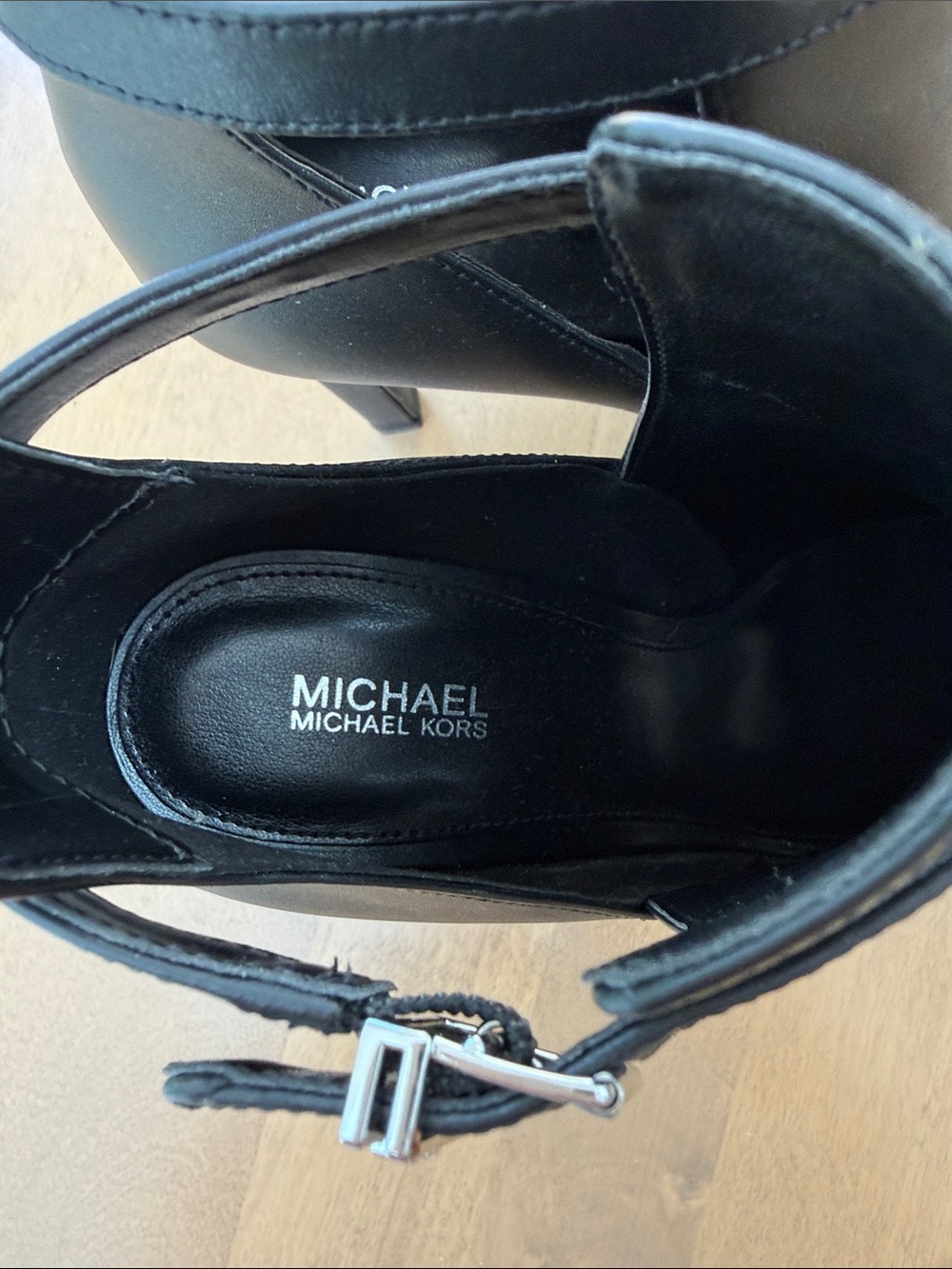 MICHAEL Michael Kors Black Peep-Toe Ankle Booties with Buckle Strap - Picture 2 of 5